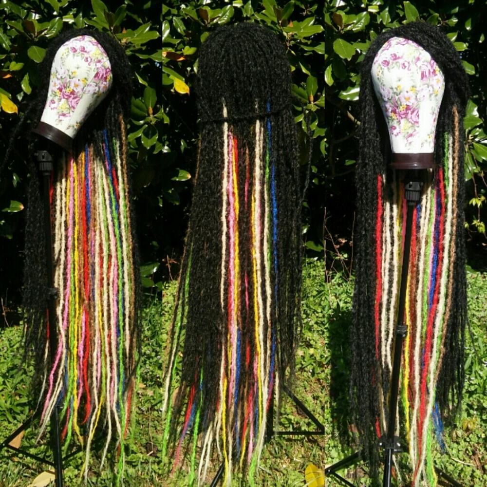 Remake Super long black ombre rainbow dreadlock wig